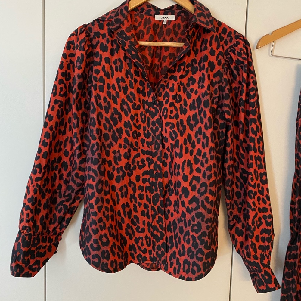 Ganni red leopard button up top